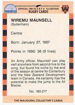 1991 Regina NZRFU 1st Edition #180 Wiremu Maunsell Back